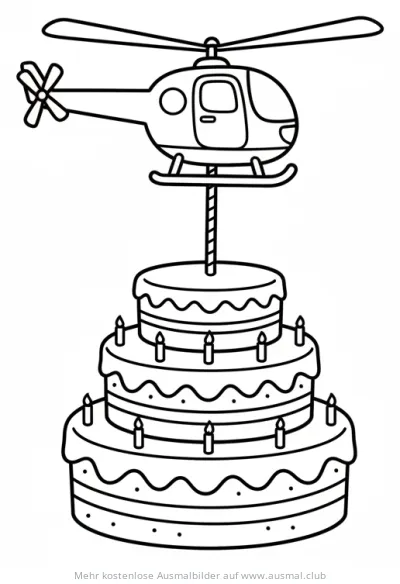 Hubschrauber über Geburtstagstorte Ausmalbild