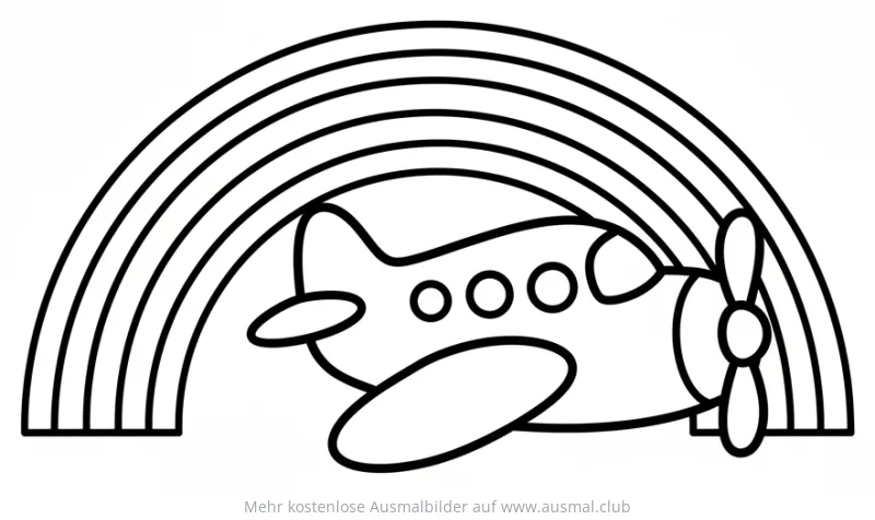 Flugzeug fliegt unter einem Regenbogen Ausmalbild