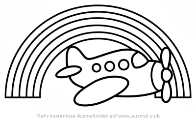 Flugzeug fliegt unter einem Regenbogen Ausmalbild