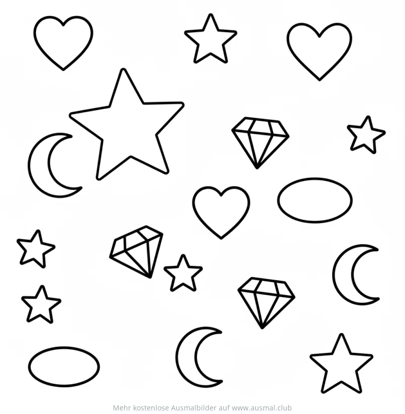 Formen Mix Ausmalbild mit Sternen, Herzen, Monden und Diamanten