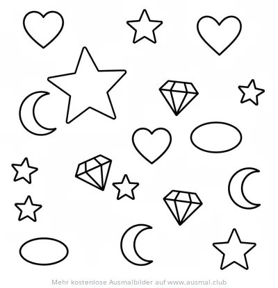 Formen Mix Ausmalbild mit Sternen, Herzen, Monden und Diamanten