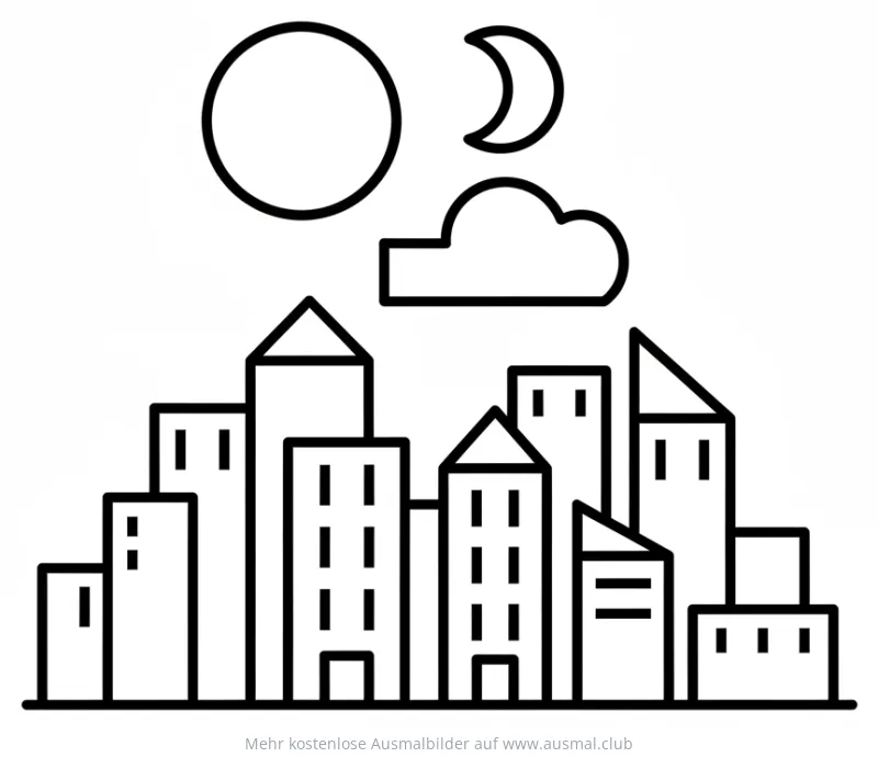 Stadt mit Wolkenkratzern, Sonne und Mond Ausmalbild