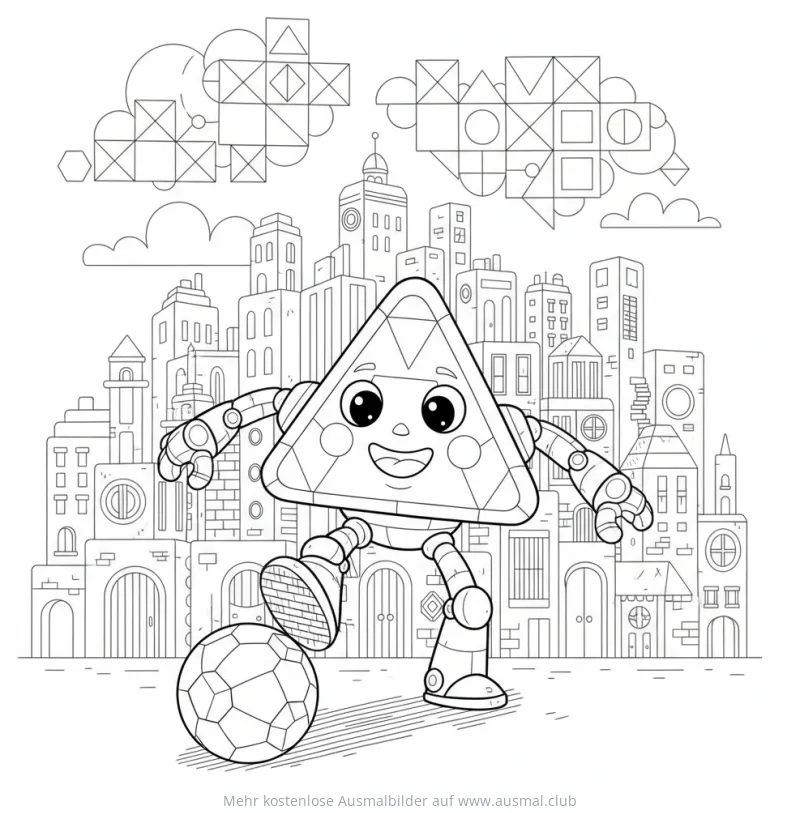 Dreieck-Roboter spielt Fußball vor einer Stadtkulisse Ausmalbild