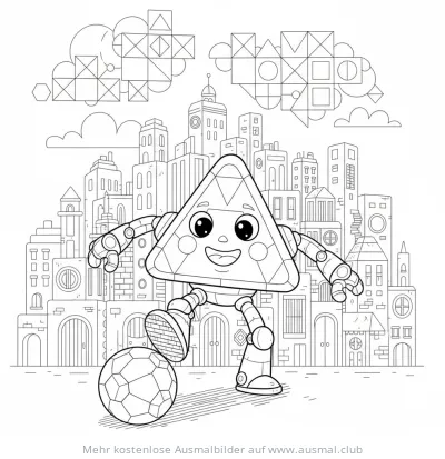 Dreieck-Roboter spielt Fußball vor einer Stadtkulisse Ausmalbild