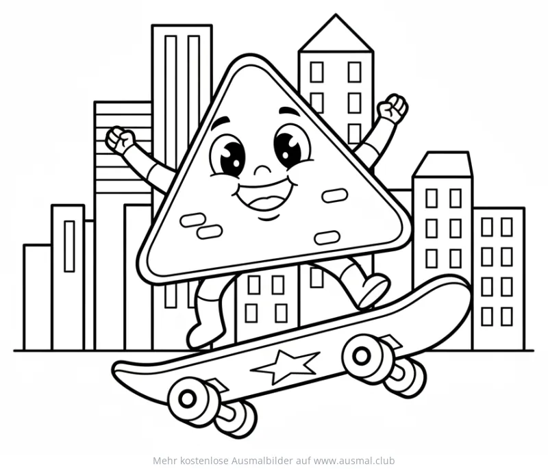 Freundliches Dreieck fährt Skateboard vor Stadtkulisse Ausmalbild