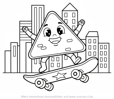 Freundliches Dreieck fährt Skateboard vor Stadtkulisse Ausmalbild