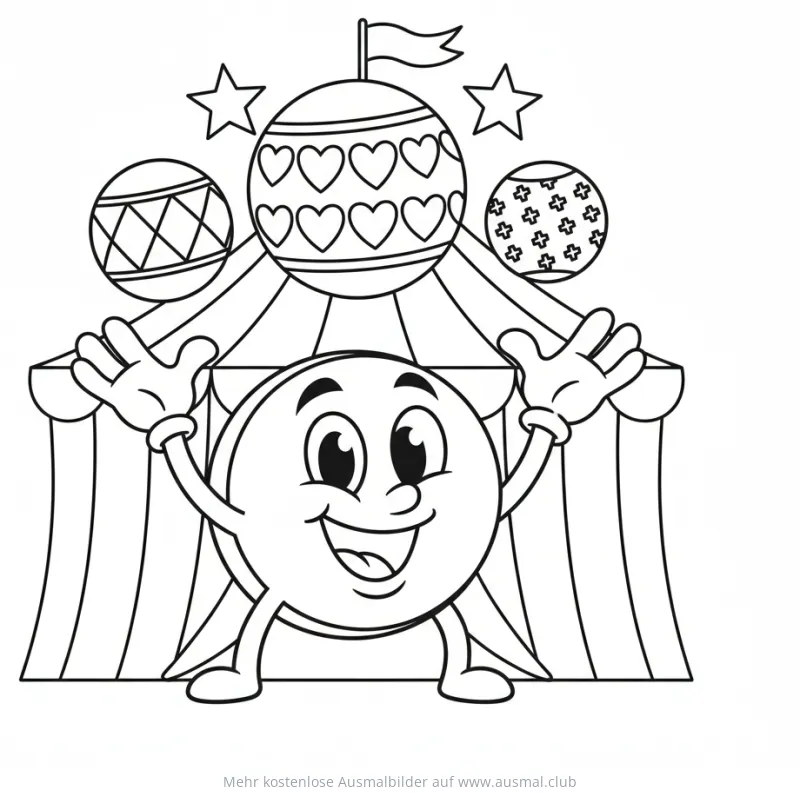Freundliches Kreis-Männchen vor Zirkuszelt Ausmalbild