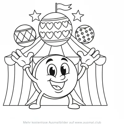 Freundliches Kreis-Männchen vor Zirkuszelt Ausmalbild