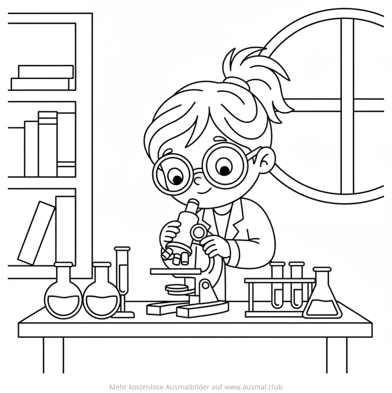 Forscherin Ausmalbild mit Mikroskop im Labor