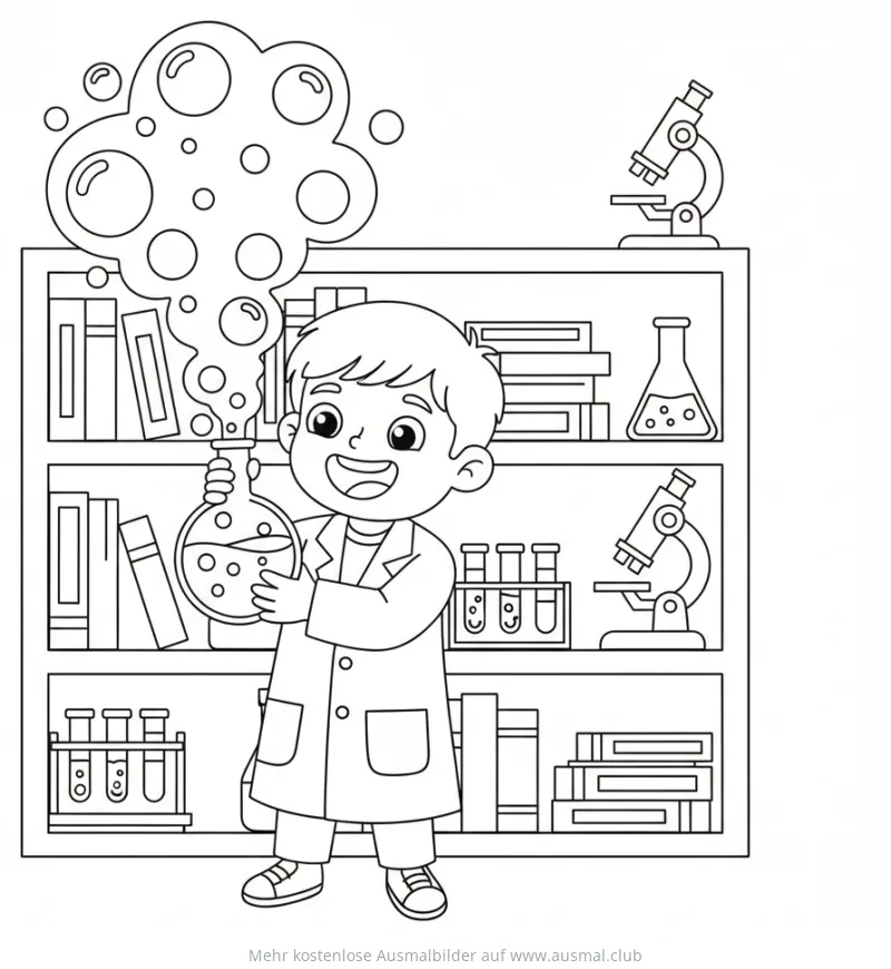 Junge im Laborkittel hält Reagenzglas, Ausmalbild