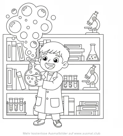Junge im Laborkittel hält Reagenzglas, Ausmalbild