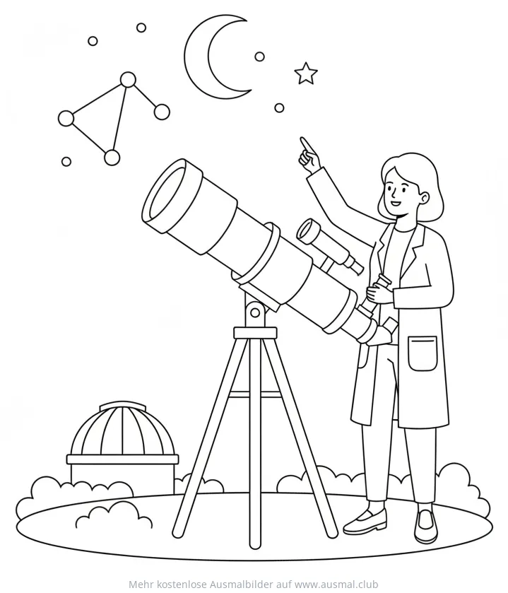 Forscherin mit Teleskop beobachtet den Nachthimmel Ausmalbild