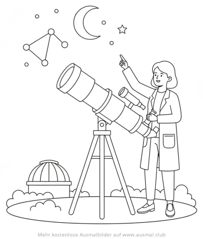 Forscherin mit Teleskop beobachtet den Nachthimmel Ausmalbild