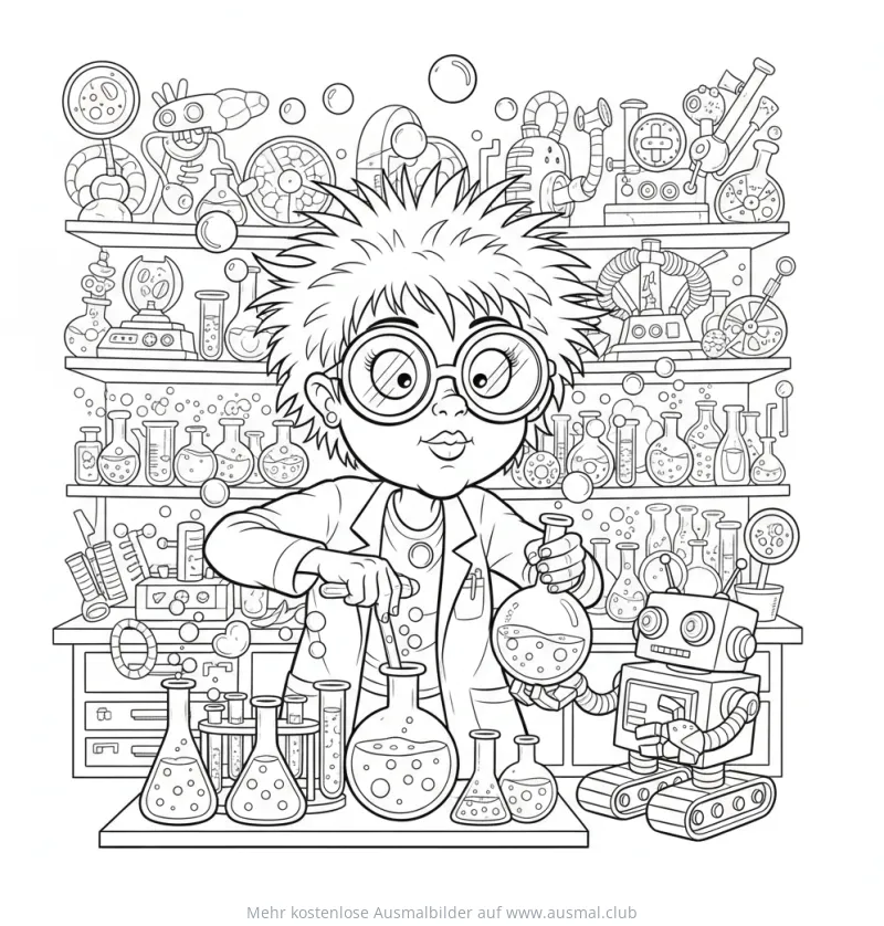 Junger Forscher im Labor mit Reagenzgläsern und Roboter Ausmalbild