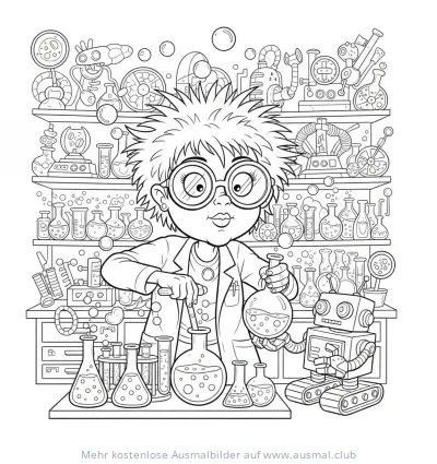 Junger Forscher im Labor mit Reagenzgläsern und Roboter Ausmalbild