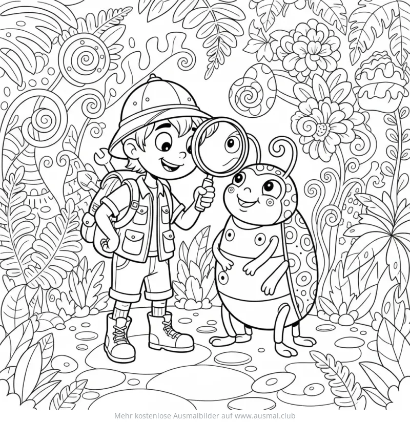 Forscher untersucht Käfer mit Lupe im Dschungel Ausmalbild