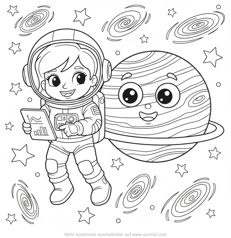 Astronautin mit Planet Ausmalbild im Weltraum