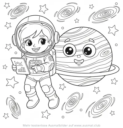 Astronautin mit Planet Ausmalbild im Weltraum