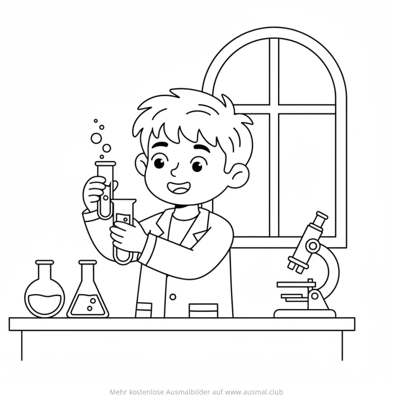 Junge Forscher mit Reagenzglas im Labor Ausmalbild