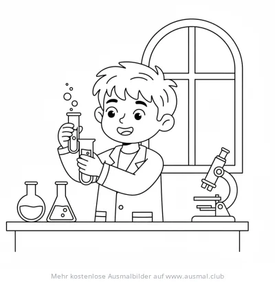 Junge Forscher mit Reagenzglas im Labor Ausmalbild