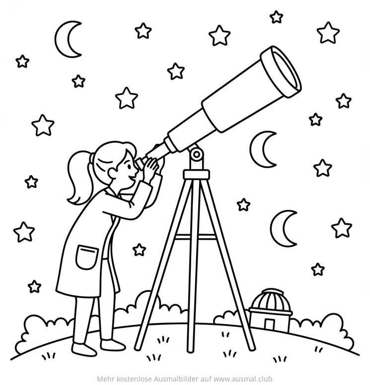 Forscherin beobachtet mit Teleskop den Sternenhimmel Ausmalbild