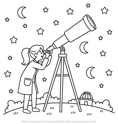 Forscherin beobachtet mit Teleskop den Sternenhimmel Ausmalbild