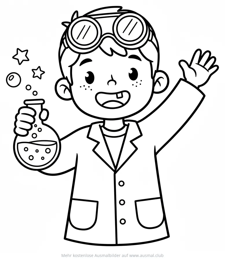 Forscher Kind mit Schutzbrille und Becher Ausmalbild