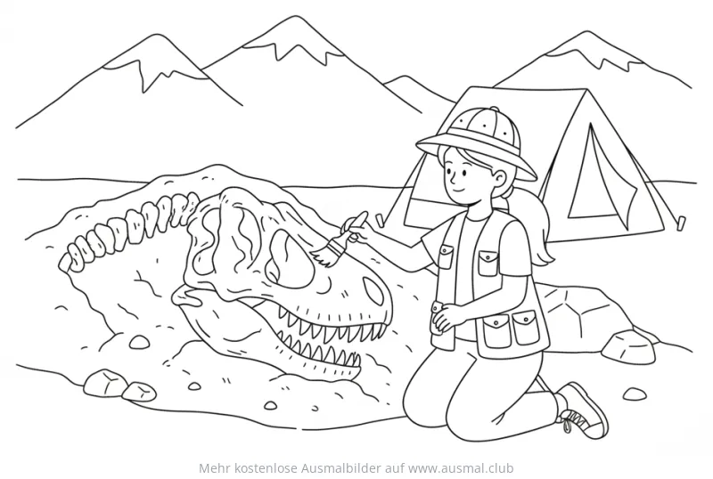 Forscherin beim Ausgraben eines Dinosaurier-Schädels Ausmalbild