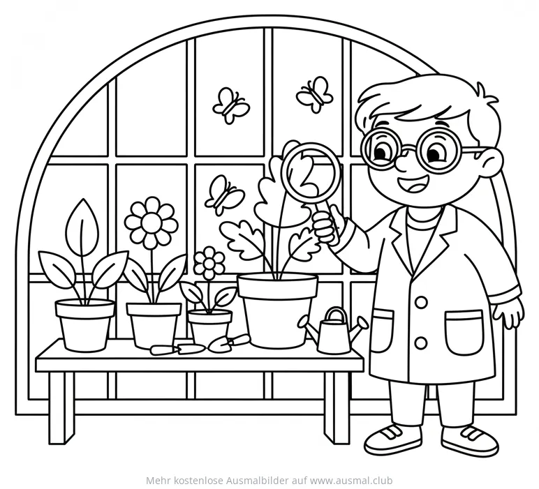 Forscher untersucht Pflanzen mit Lupe Ausmalbild