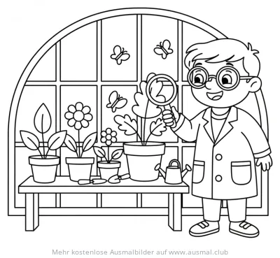 Forscher untersucht Pflanzen mit Lupe Ausmalbild