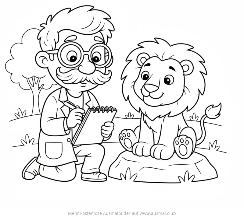 Forscher macht Notizen von Löwe Ausmalbild