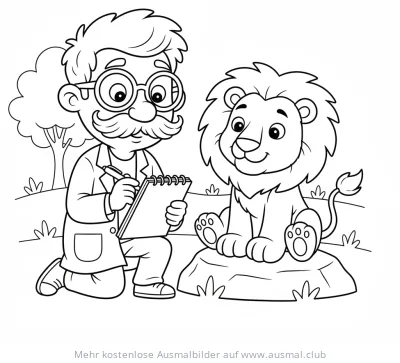 Forscher macht Notizen von Löwe Ausmalbild