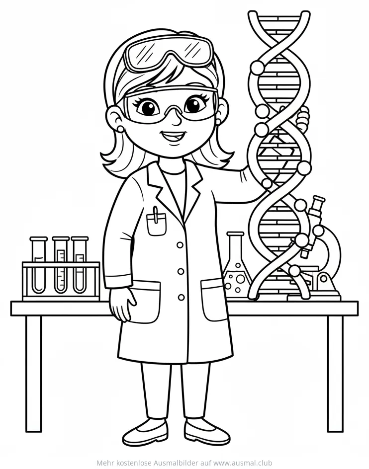 Forscherin mit DNA-Modell im Labor Ausmalbild