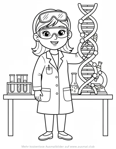 Forscherin mit DNA-Modell im Labor Ausmalbild