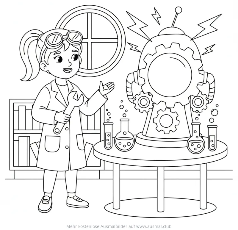 Junge Forscherin mit Maschine im Labor Ausmalbild