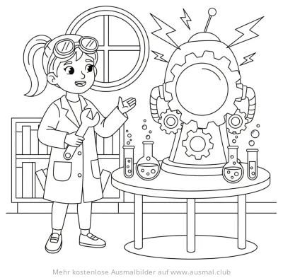 Junge Forscherin mit Maschine im Labor Ausmalbild