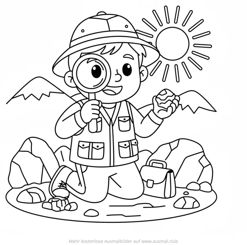 Geologe mit Lupe und Stein Ausmalbild