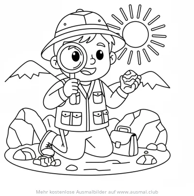 Geologe mit Lupe und Stein Ausmalbild