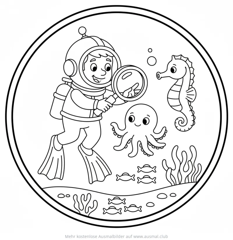 Meeresbiologe mit Lupe und Meerestieren Ausmalbild