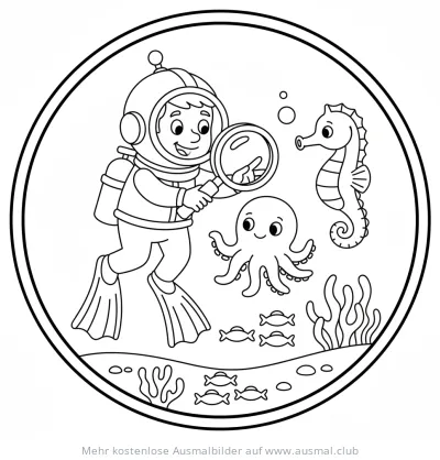 Meeresbiologe mit Lupe und Meerestieren Ausmalbild