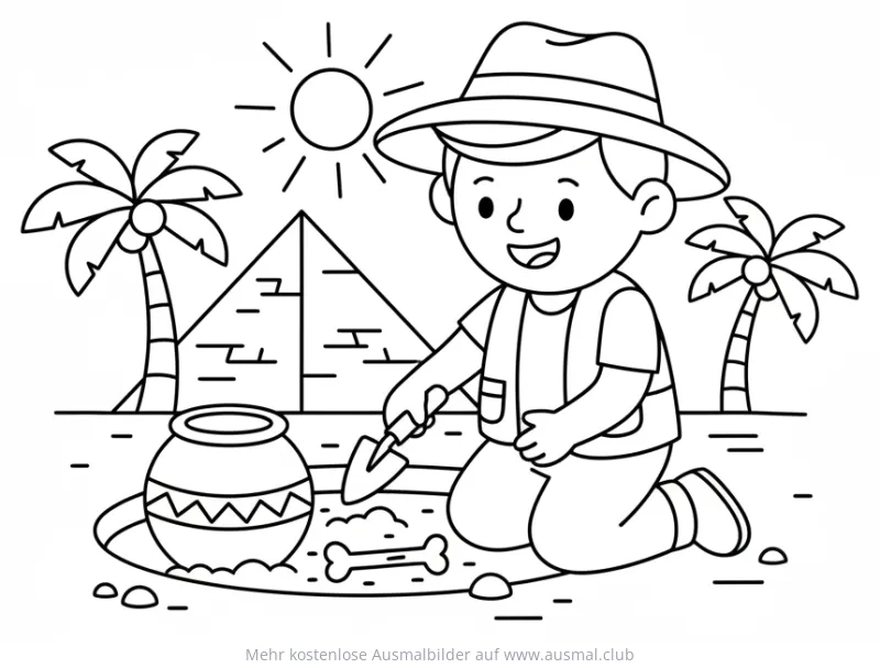 Archäologe Junge mit Schaufel vor Pyramide Ausmalbild
