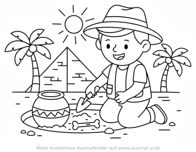 Archäologe Junge mit Schaufel vor Pyramide Ausmalbild