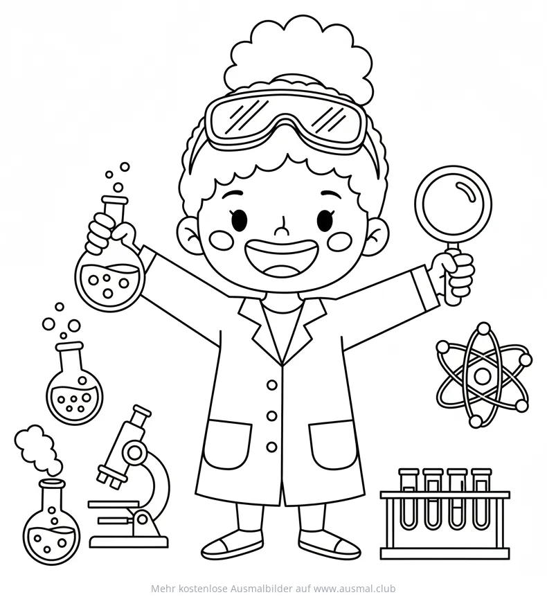 Forscherin mit Lupe und Kolben Ausmalbild
