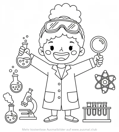 Forscherin mit Lupe und Kolben Ausmalbild