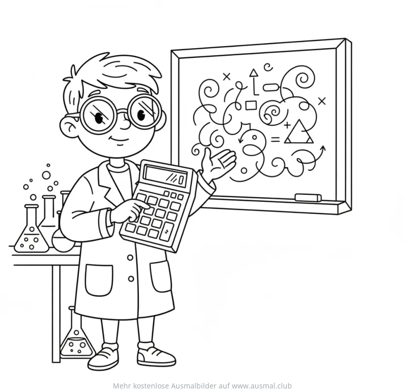 Mathematiker mit Rechner vor Tafel Ausmalbild