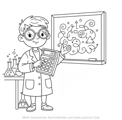 Mathematiker mit Rechner vor Tafel Ausmalbild