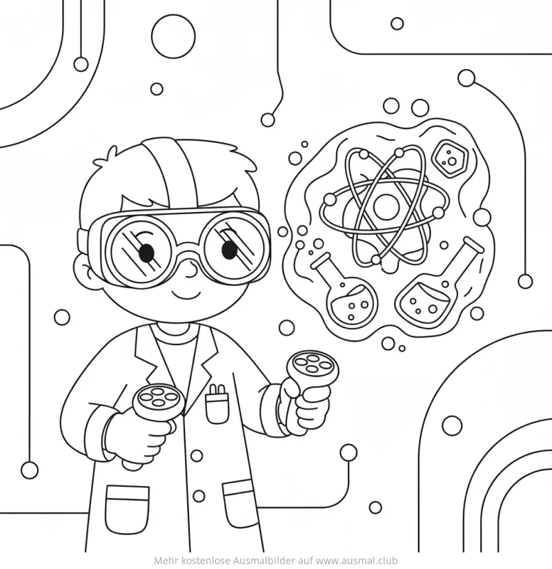 Forscher mit VR-Brille und Laborausrüstung Ausmalbild