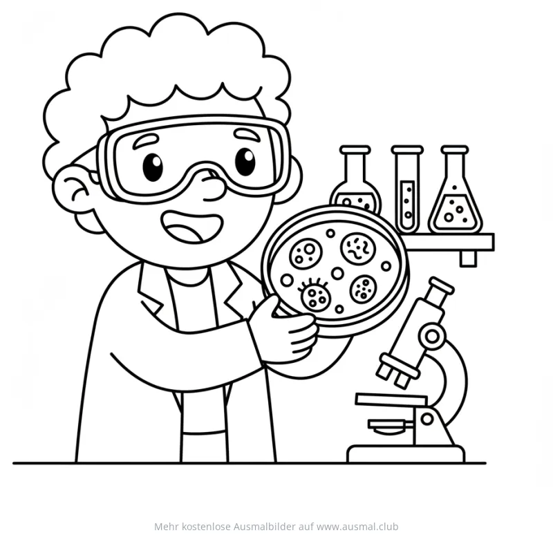 Forscher mit Schutzbrille und Petrischale Ausmalbild