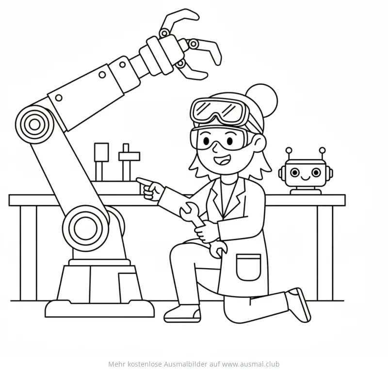 Forscherin mit Schraubenschlüssel und Roboterarm Ausmalbild