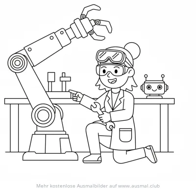 Forscherin mit Schraubenschlüssel und Roboterarm Ausmalbild